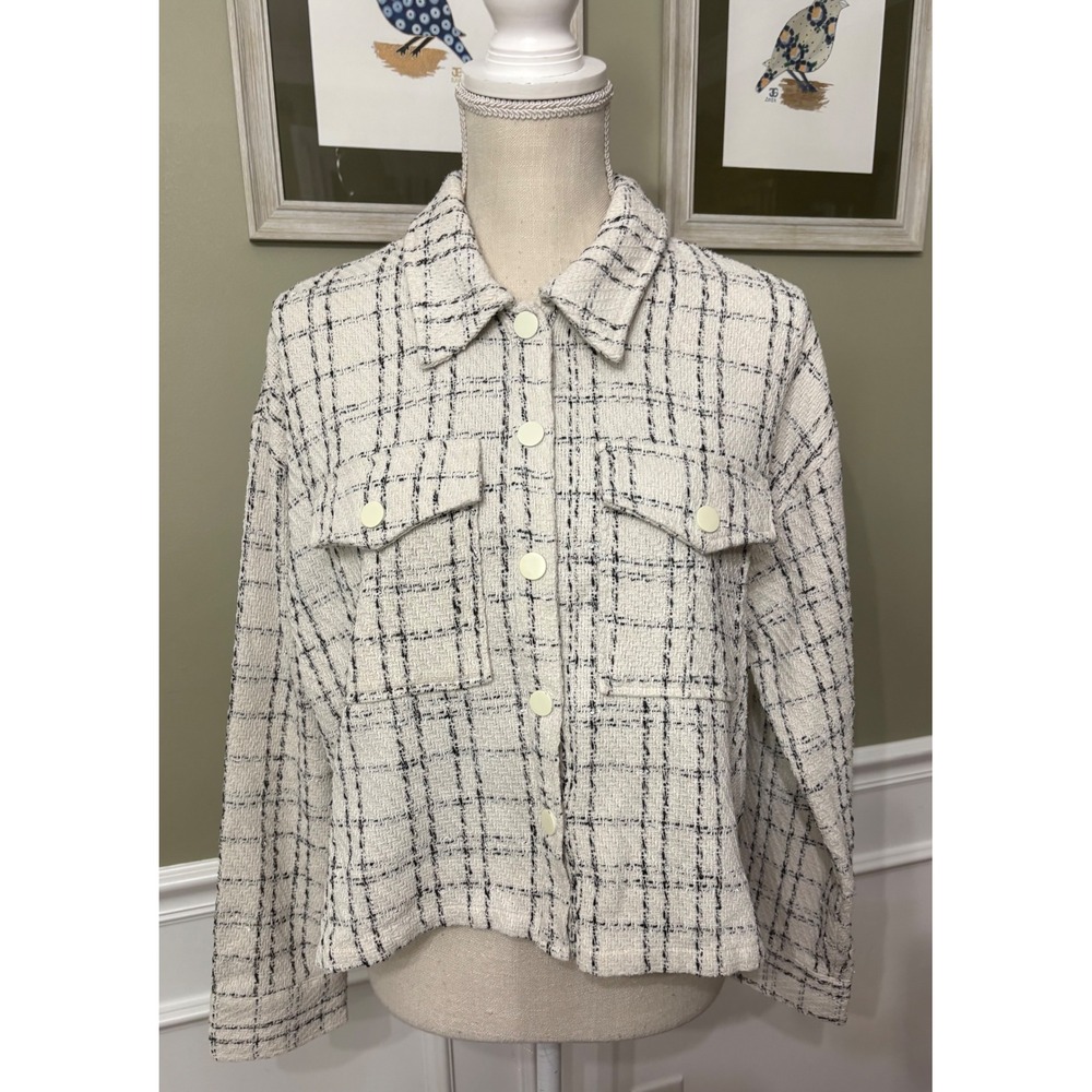 Gilli Cream Black Plaid Tweed Shacket Button Up Shirt Jacket Large JJ2526